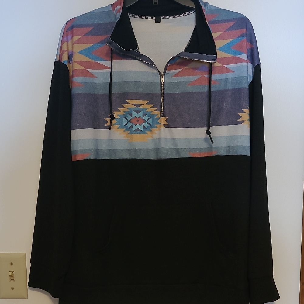 Womens Black 3/4 Zip Sweater Long Sleeve  With Aztec Design SZ L